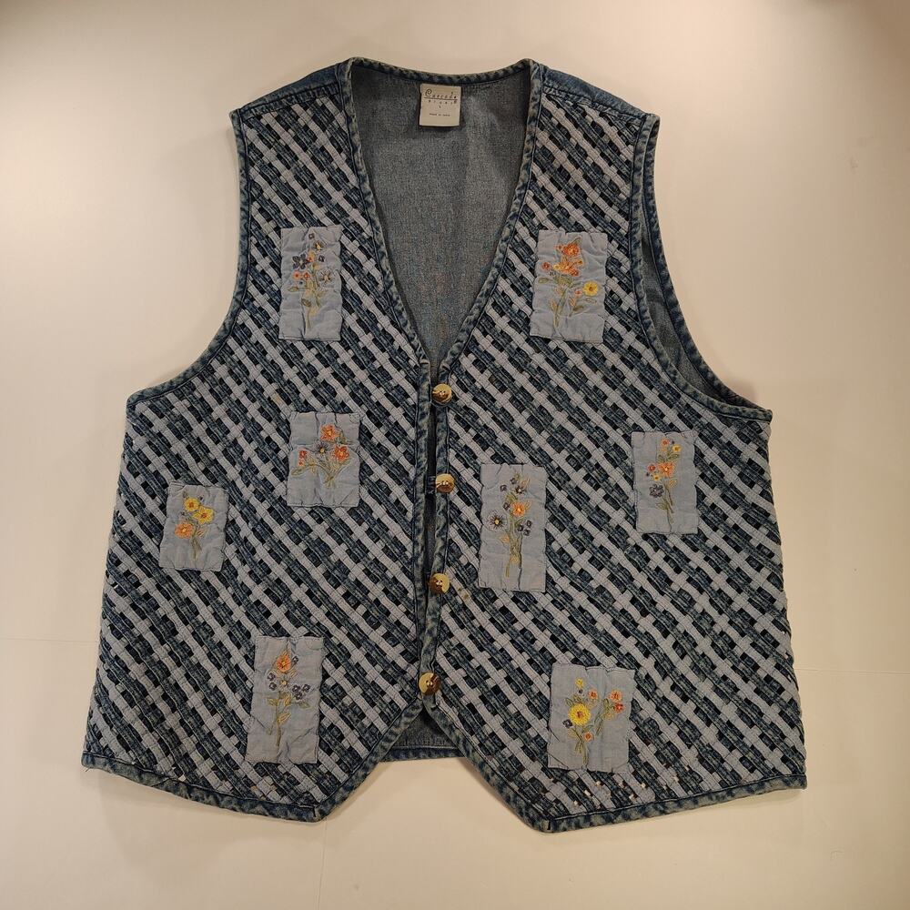 Cascade Blues Womens L Denim Vest Floral Embroidered Patchwork Vintage Boho